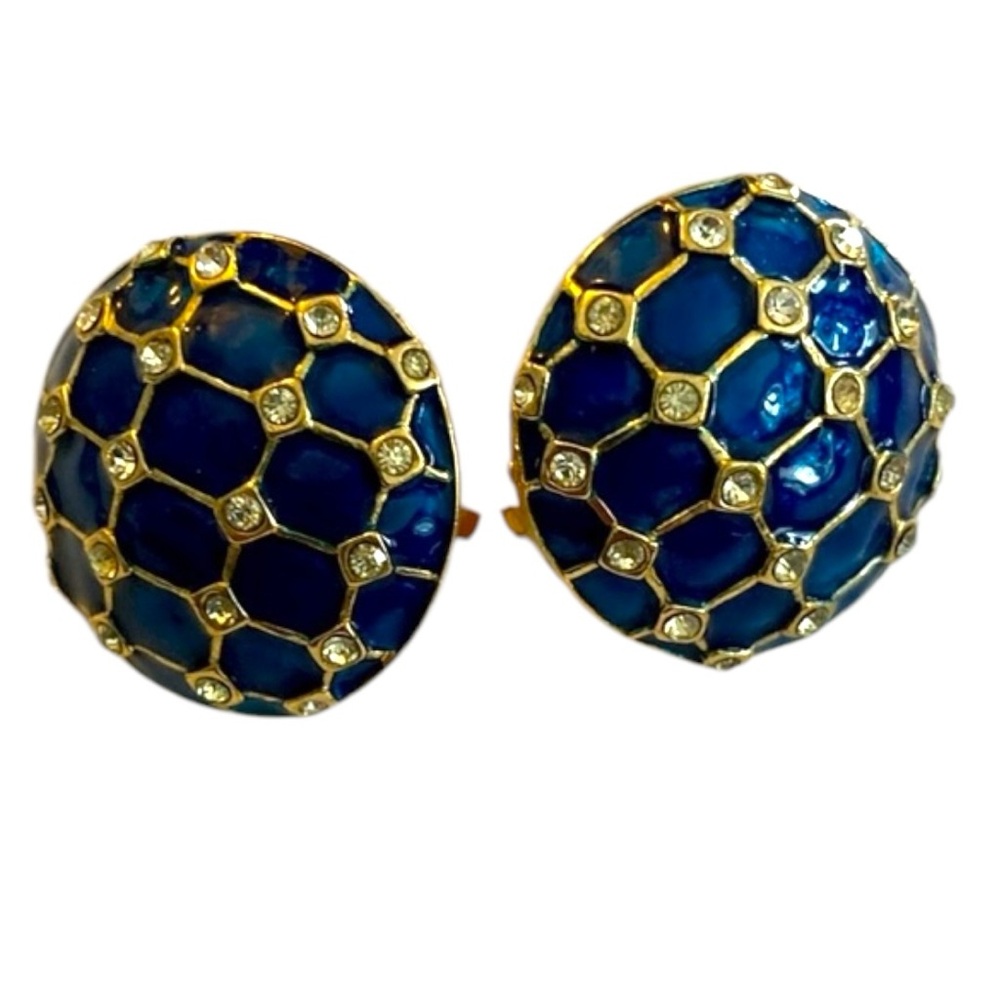 VTG 80s BUTLER Domed Blue Green Enamel Gold & Diamanté Gemstone Button Earrings